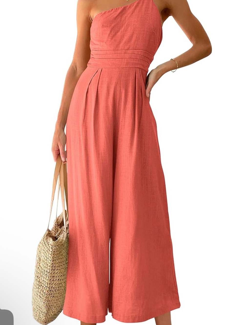 One-Shoulder Coral Wide-Leg Jumpsuit